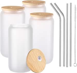 JMScape Sublimation Glass Blanks with Bamboo Lid 4pcs Set, 16oz Frosted Glass Cups with Lids and ... | Amazon (US)