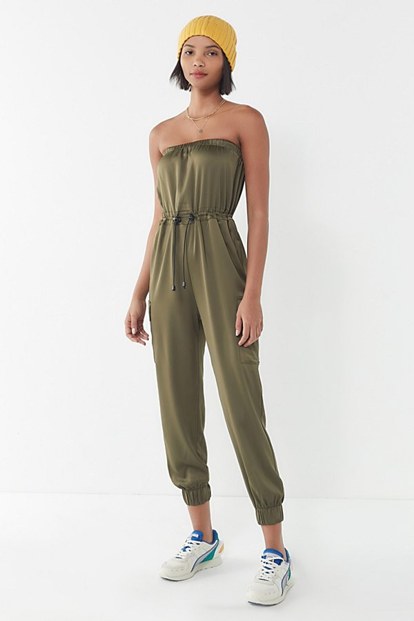 UO Elise Satin Strapless Jumpsuit - Green XS at Urban Outfitters | Urban Outfitters (US and RoW)