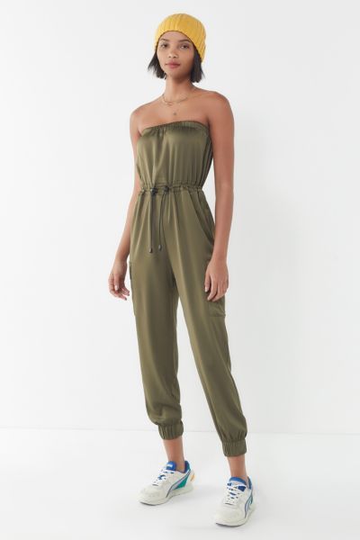 UO Elise Satin Strapless Jumpsuit - Green XS at Urban Outfitters | Urban Outfitters (US and RoW)