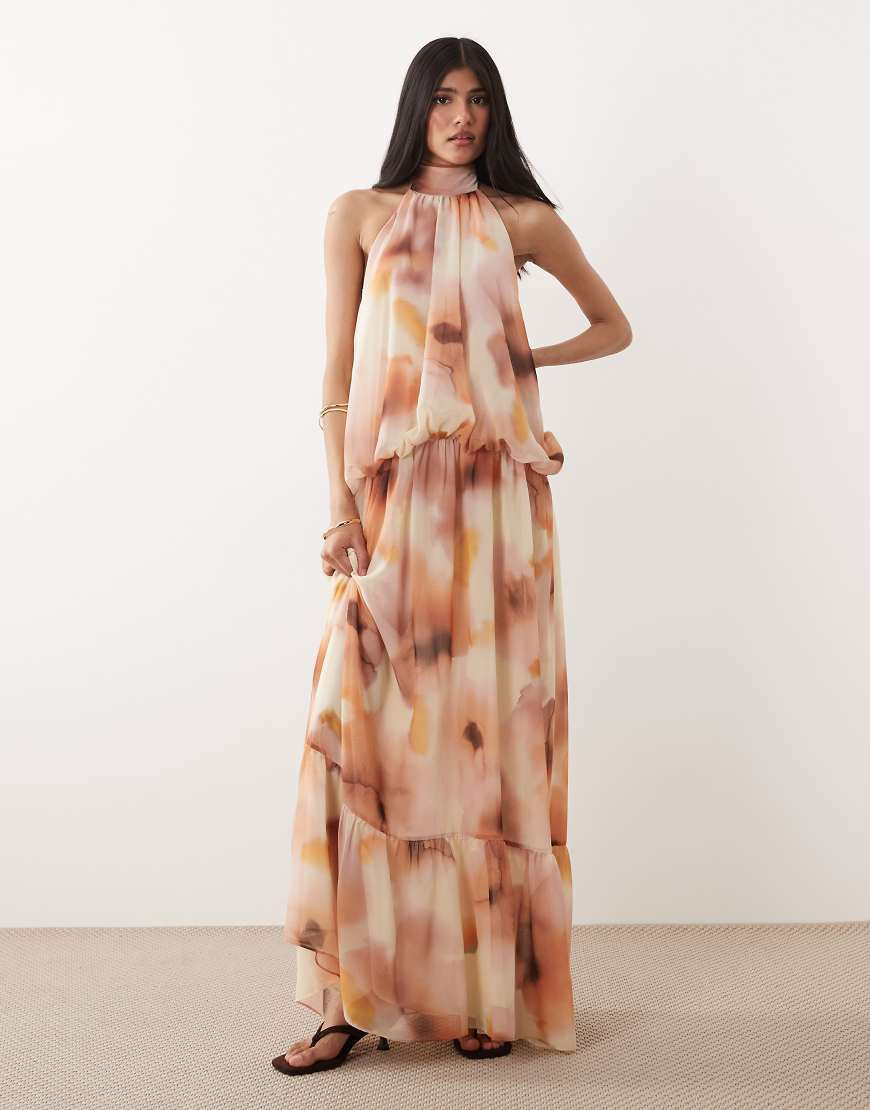 Mango halterneck tiered maxi dress in cream blurred floral print-Multi | ASOS (Global)