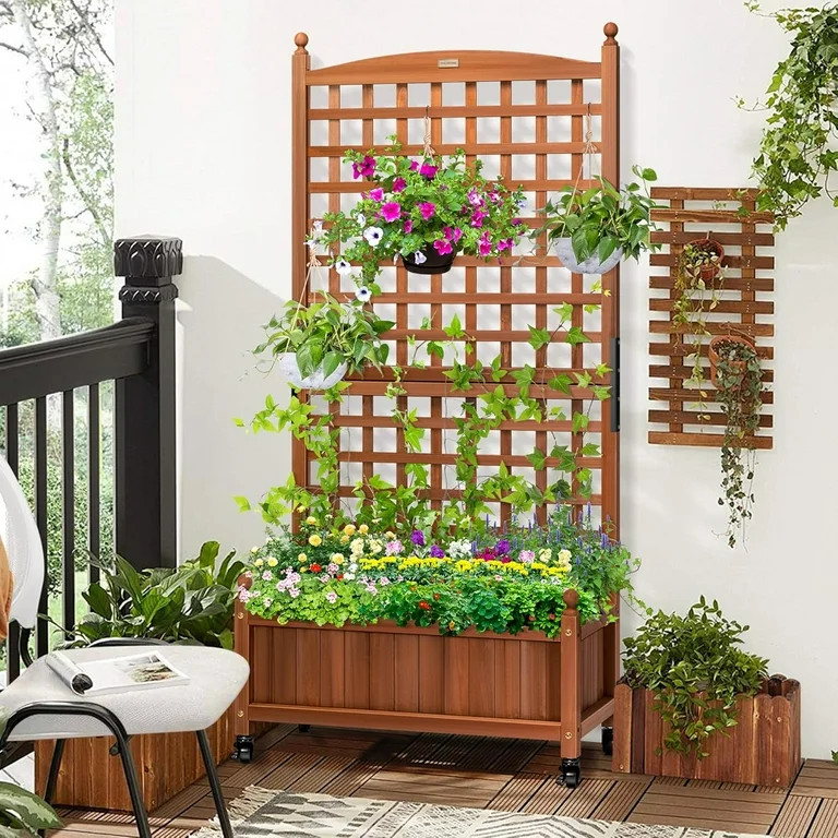 SPECSTAR Mobile Planter Box with Trellis 62 Inch Tall, Standing Natural Wood Raised Garden Bed wi... | Walmart (US)