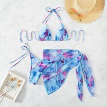 3pack Tie Dye Halter Bikini Swimsuit With Beach Skirt | SHEIN