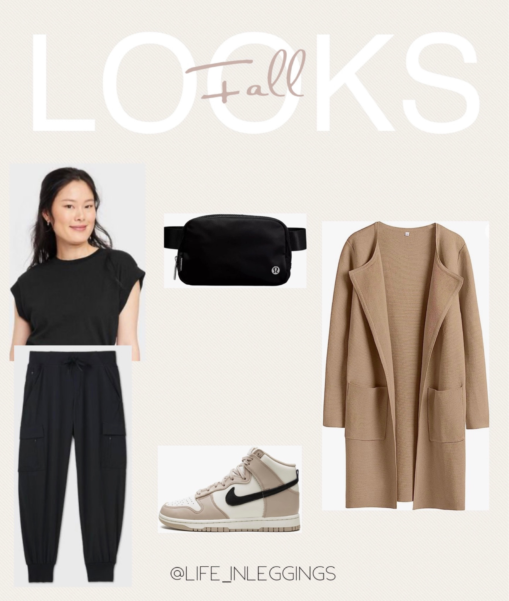 Fall outfit idea. High top Nike, LuLu belt bag, joggers, basic tee, tan cardigan, coatigan, women’s Nike

#LTKshoecrush #LTKsalealert