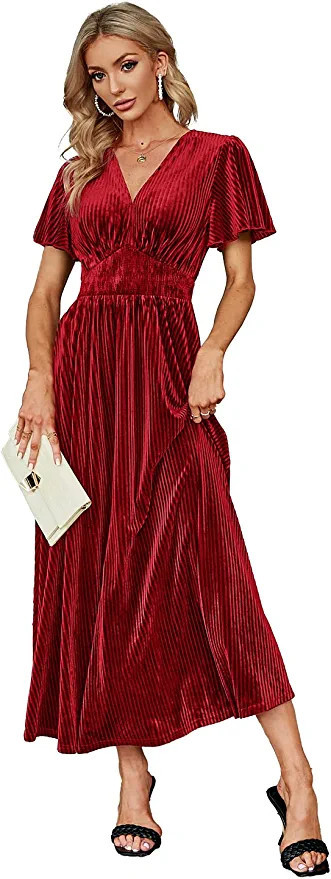 Simplee Women’s Short Sleeve Velvet Maxi Dress V Neck Formal Dress(M Wine Red) at Amazon Women... | Amazon (US)