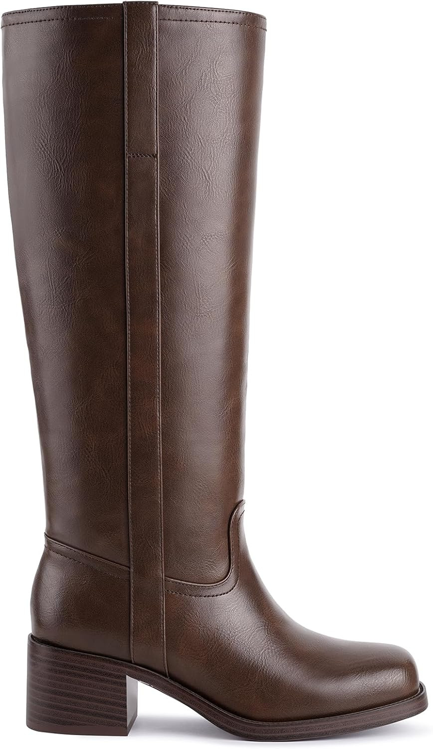 Gothictor Women's Banana Knee High Boots Square Toe Chunky Block Heel Comfortable Low Heel Pull on Wide Calf Riding Long Boots for Women | Amazon (US)