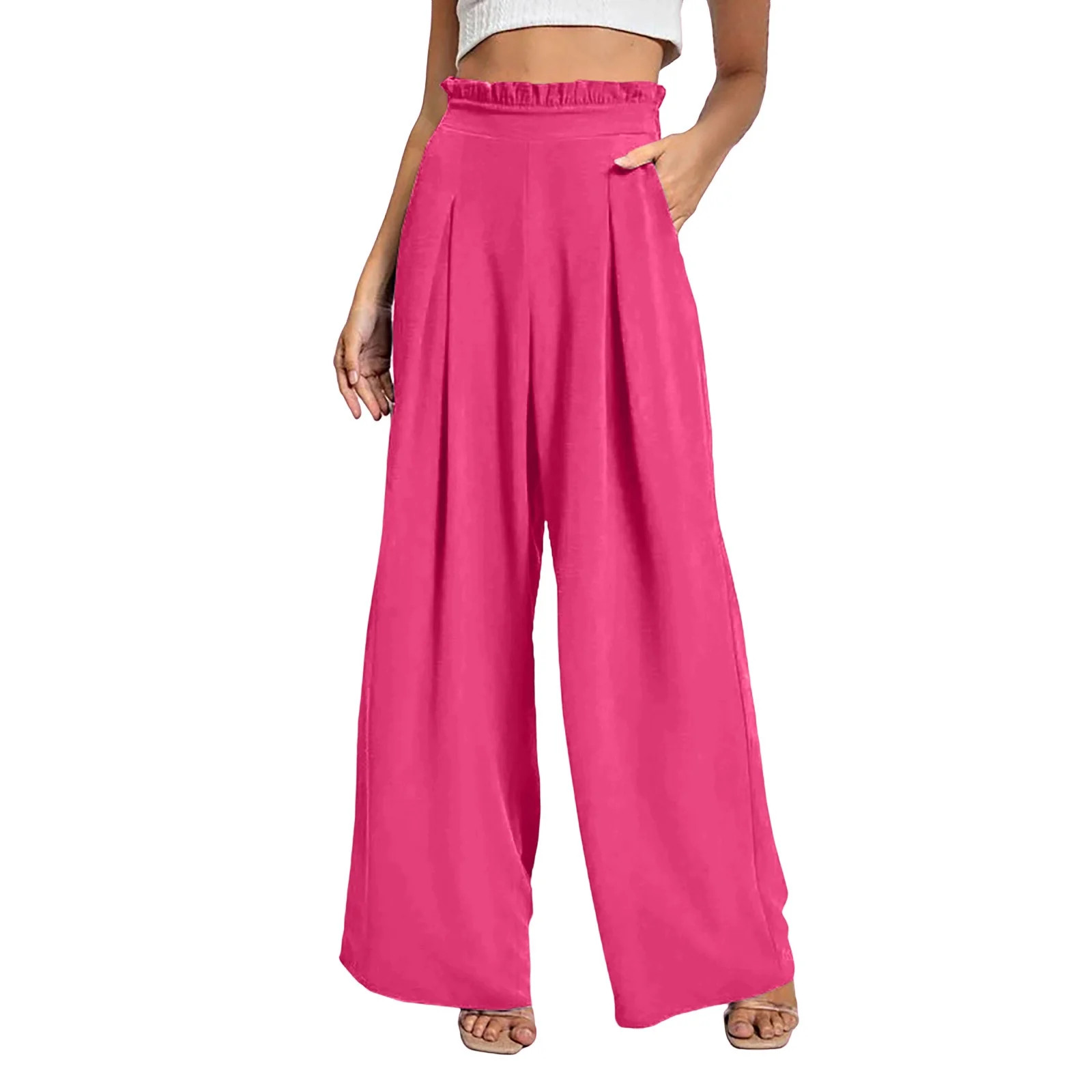 KyCheLot Casual Work Pants for Women Dressy Front Pleated Solid Color Ruffle Elastic Palazzo Trou... | Walmart (US)