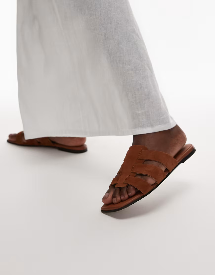 ARKET real suede crossed strap flat slides sandals in brown | ASOS (Global)