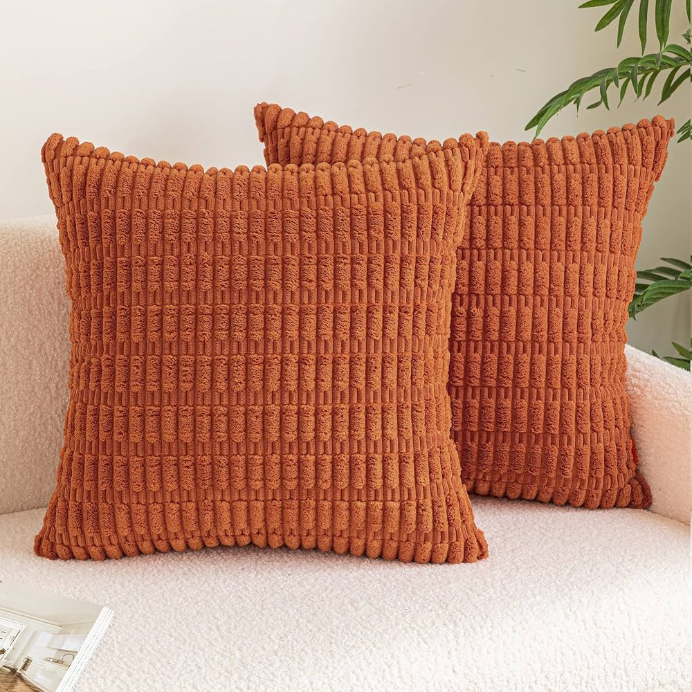 AQOTHES Pack of 2 Spring Orange Decorative Throw Pillow Covers 18x18 Inch, Striped Corduroy Squar... | Amazon (US)