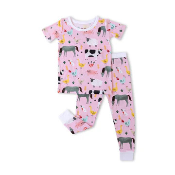 Pink Farm Animals Two-Piece Short Sleeve Bamboo Viscose Pajama Set | Little Sleepies