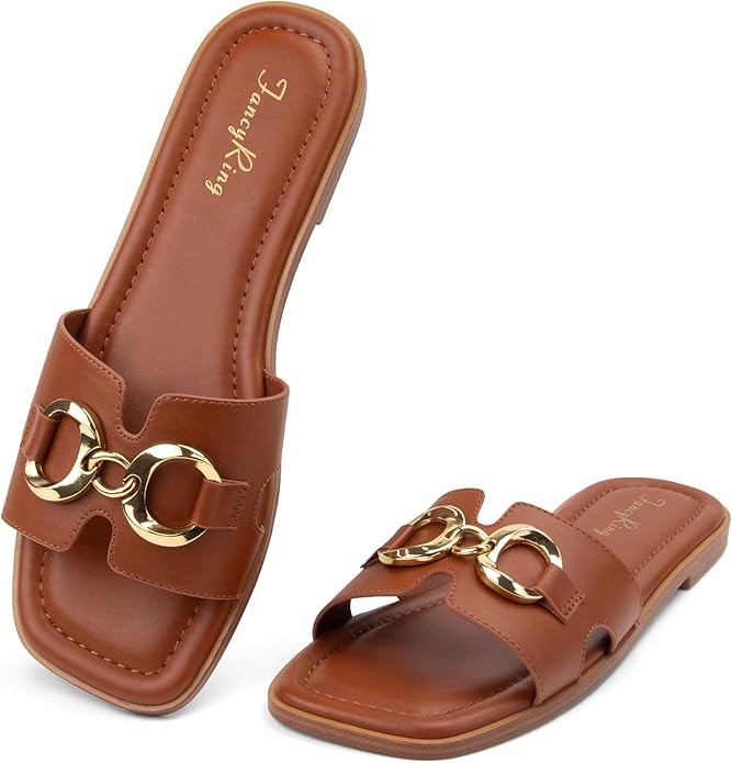 Women's Flat Sandals Metal Chain Slip On Dressy Slide Sandals Square Toe Summer Casual Beach Vaca... | Amazon (US)