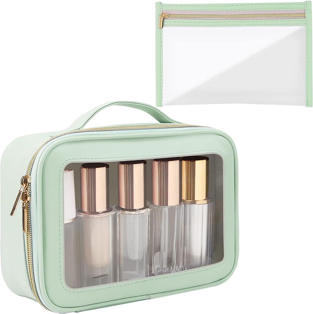 MAGEFY Makeup Bag 2Pcs Portable Clear Makeup Bag Travel Cosmetic Bag Waterproof PU Leather Makeup Ba | Amazon (US)
