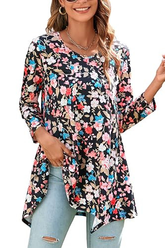 ENMAIN Women's Tops Plus Size Tunic Tops 3/4 Sleeve Flare Hem Black Pink Floral Print Loose Fit Casual Blouse to Wear with Leggings S | Amazon (US)