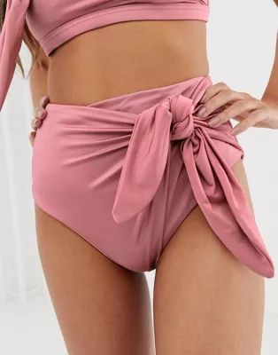 ASOS DESIGN fuller bust exclusive high waist bikini bottom with bow detail in shiny mink | ASOS (Global)