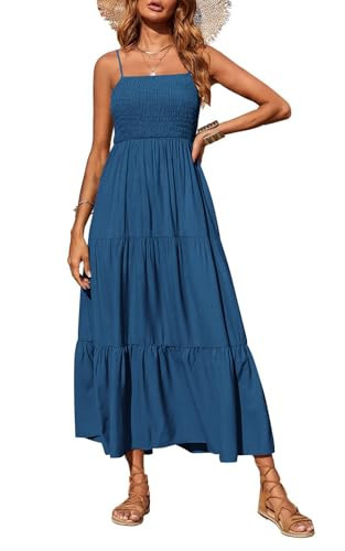 PRETTYGARDEN Summer Dresses for Women 2026 Spaghetti Strap Floral Maxi Dress Sleeveless Smocked Tiered Long Beach Sundress (Dark Blue,S) | Amazon (US)