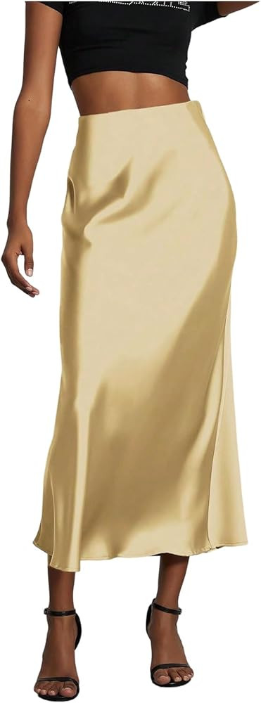 SOLY HUX Women's Elegant Satin Skirts High Waisted Flared Casual Work Office Fishtail Midi Skirt | Amazon (US)