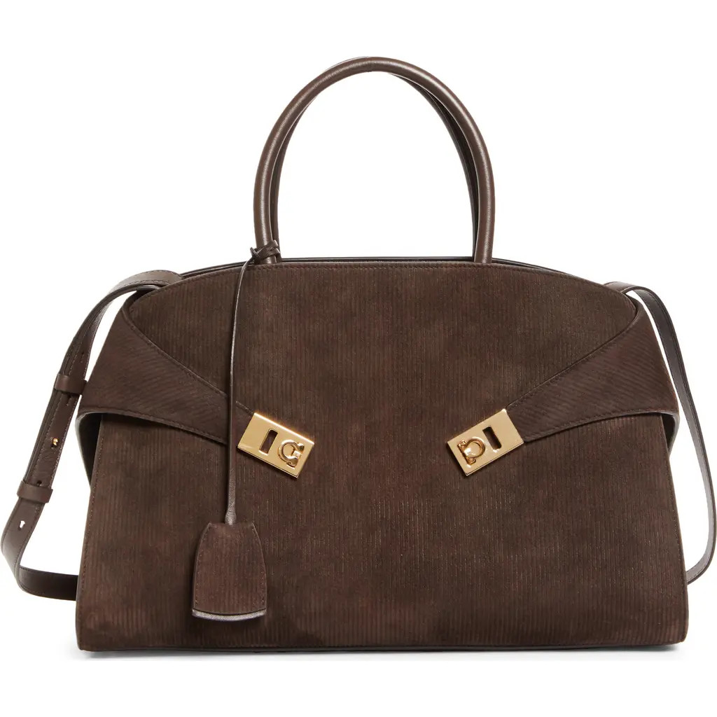 FERRAGAMO Medium Hug Suede Top Handle Bag in Testa Di Moro at Nordstrom | Nordstrom