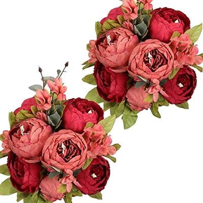 Nubry 2pcs Artificial Peony Silk Flowers Bouquet for Wedding Home Garden Decoration(Dark Red) | Amazon (US)