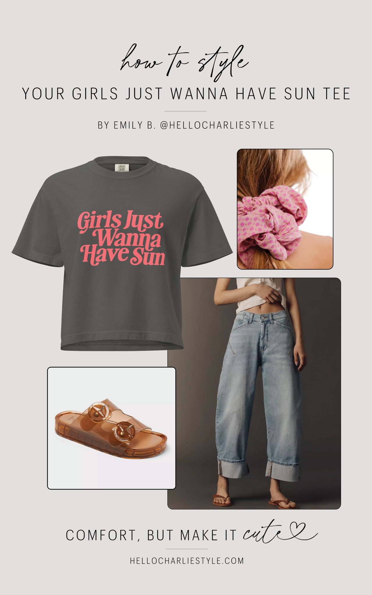 How to style your Girls Just Wanna Have Sun tee from Hello Charlie Style ✨ Comfy barrel jeans, cute sandals, and a jumbo scrunchie. 

#summertee #vacationoutfit #comfycasual 

#LTKgrwm #LTKootd