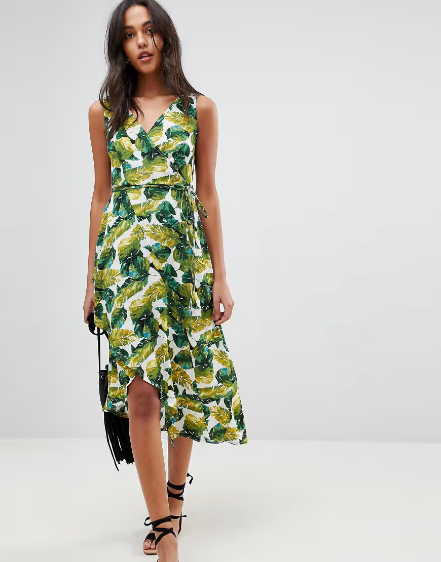 AX Paris Wrap Dress With Frill Palm Print-White | ASOS (Global)