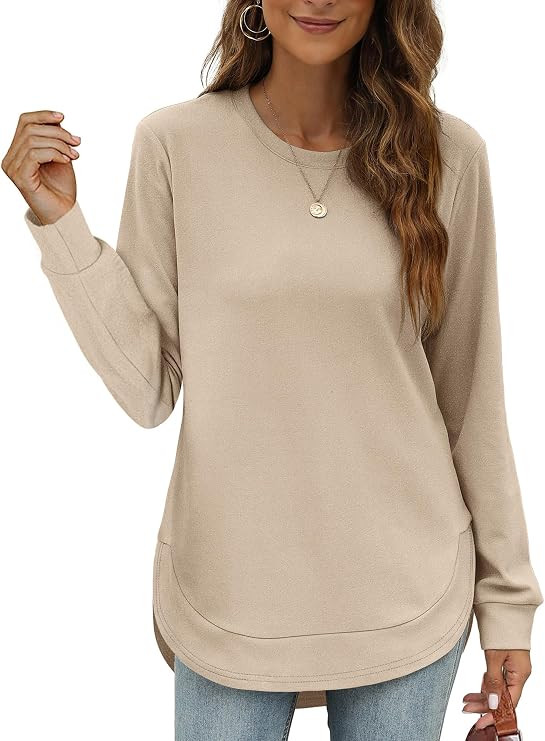 OFEEFAN Womens Sweatshirt Crewneck Long Sleeve Shirts High Low Tops Curved Hem | Amazon (US)