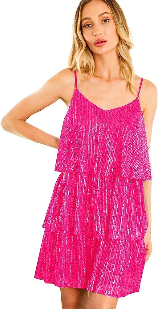 FANSI NOVA Women's Glitter Sequin Dress Adjustable Spaghetti Strap V Neck Fashion Sparkle Layered Ev | Amazon (US)