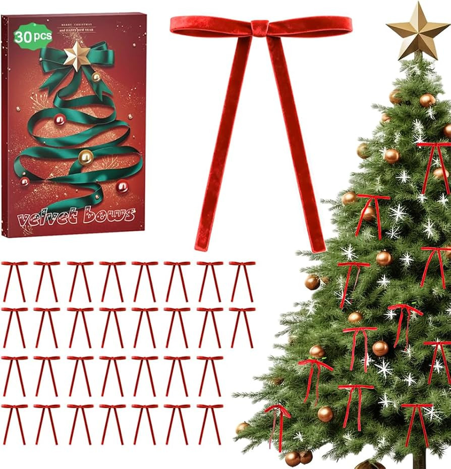 Red Velvet Bows for Christmas Tree - 30Pcs Vintage Ribbon Bows for Tree Decorations, 3/8" Small B... | Amazon (US)