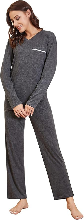Difficort Womens Pajama Sets Long Sleeve Casual Sleep Lounge Sleepwear with Pockets,Hemp Grey,Sma... | Amazon (US)