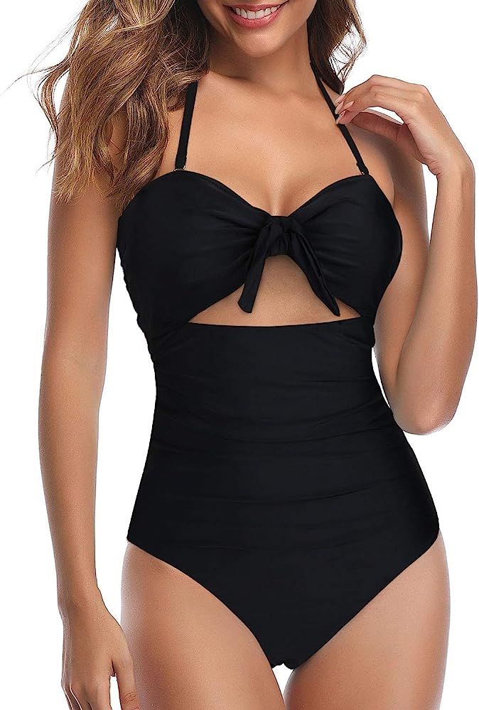 Tempt Me Women Cutout One Piece Swimsuits High Waisted Halter Front Tie Knot Tummy Control Ba... | Amazon (US)