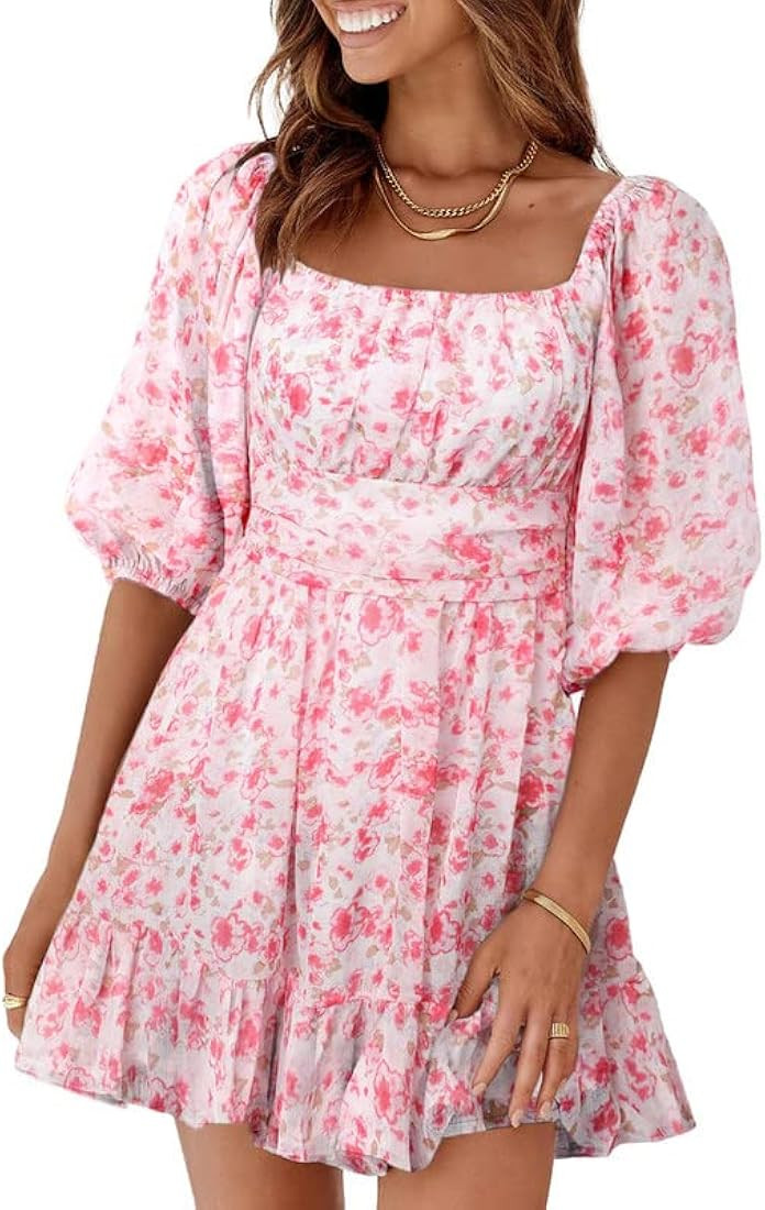 Dokotoo Women Square Neck Boho Dress Elastic Waist Tie Backless Sexy Dresses | Amazon (US)