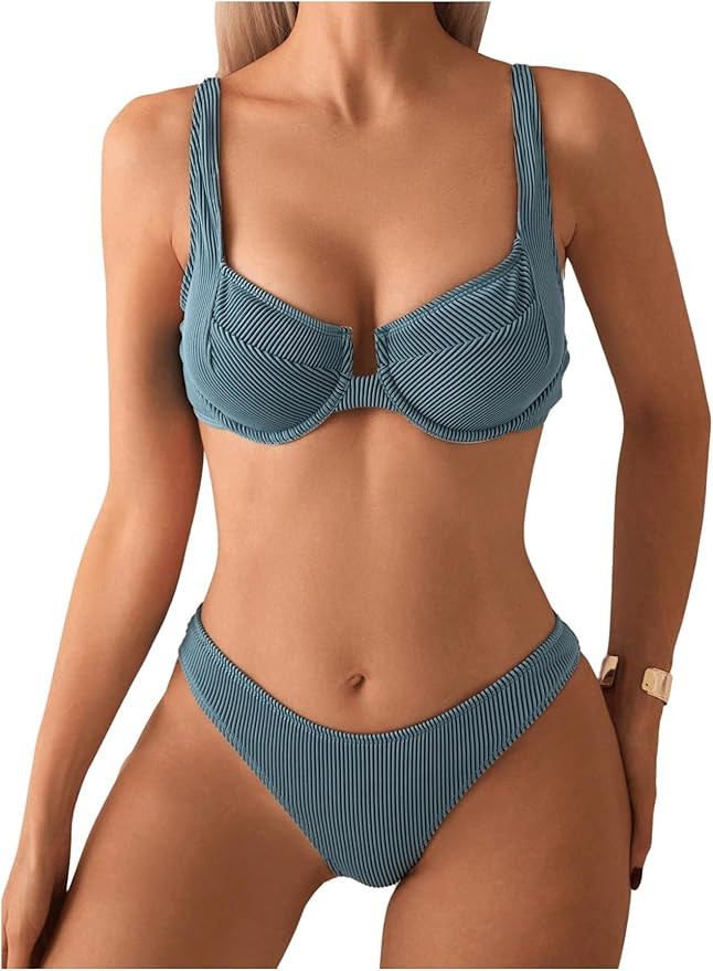 SweatyRocks Women's 2 Piece Bikini Set Striped Print Spaghetti Strap Push Up Swimsuit | Amazon (US)