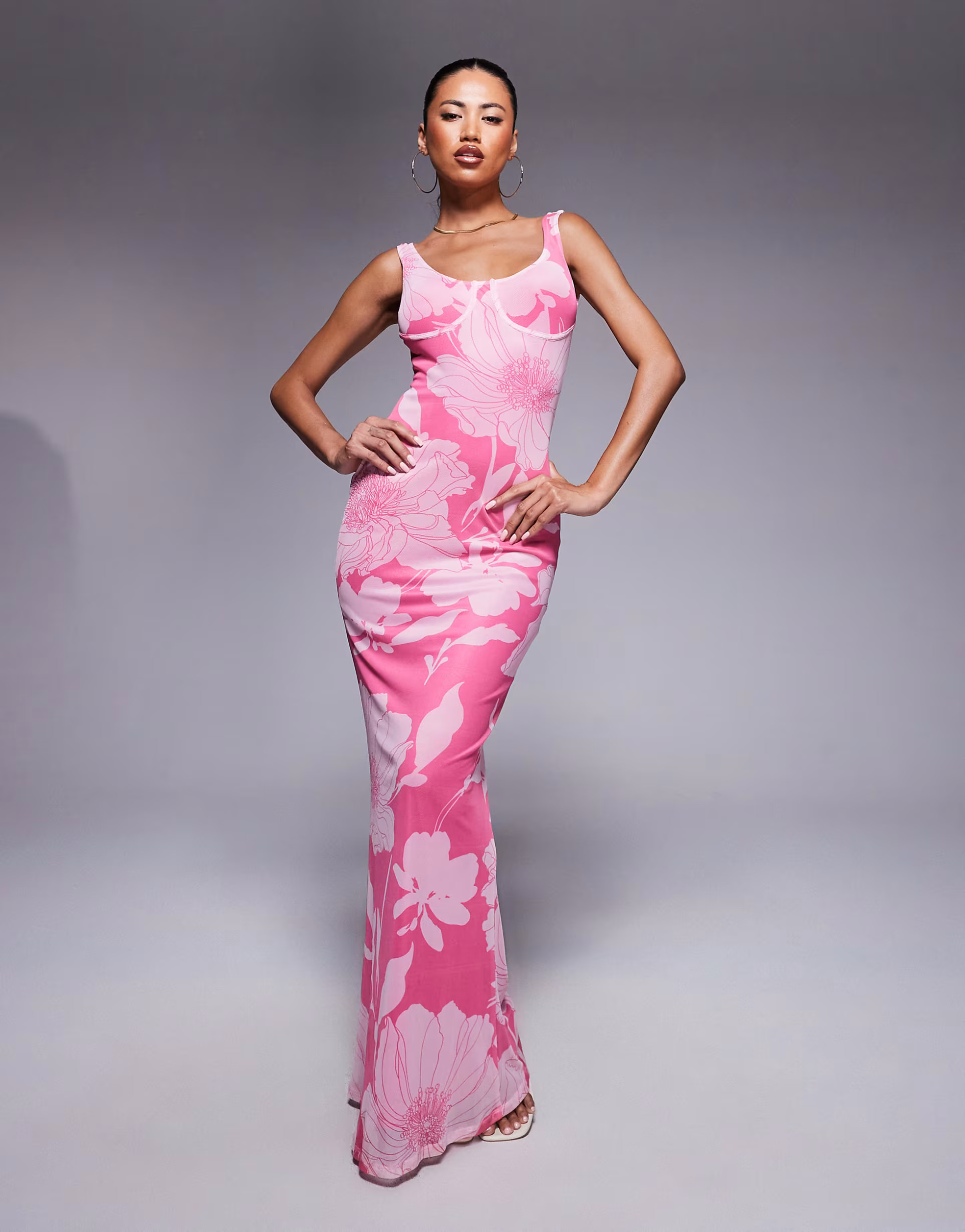 ASOS DESIGN printed bardot pink maxi dress in pink floral | ASOS (Global)