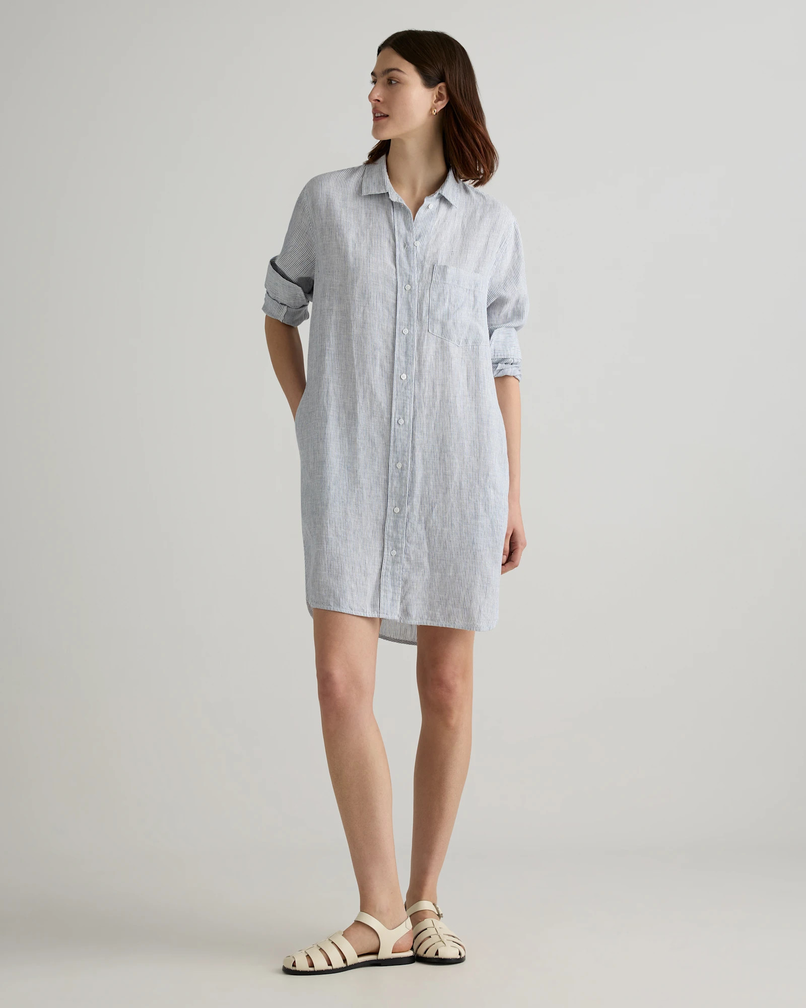 100% European Linen Shirt Dress in Blue Pinstripe | Quince