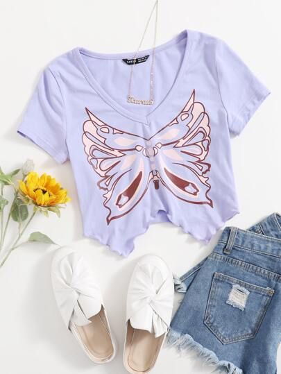 SHEIN Asymmetrical Hem Butterfly Print Top | SHEIN