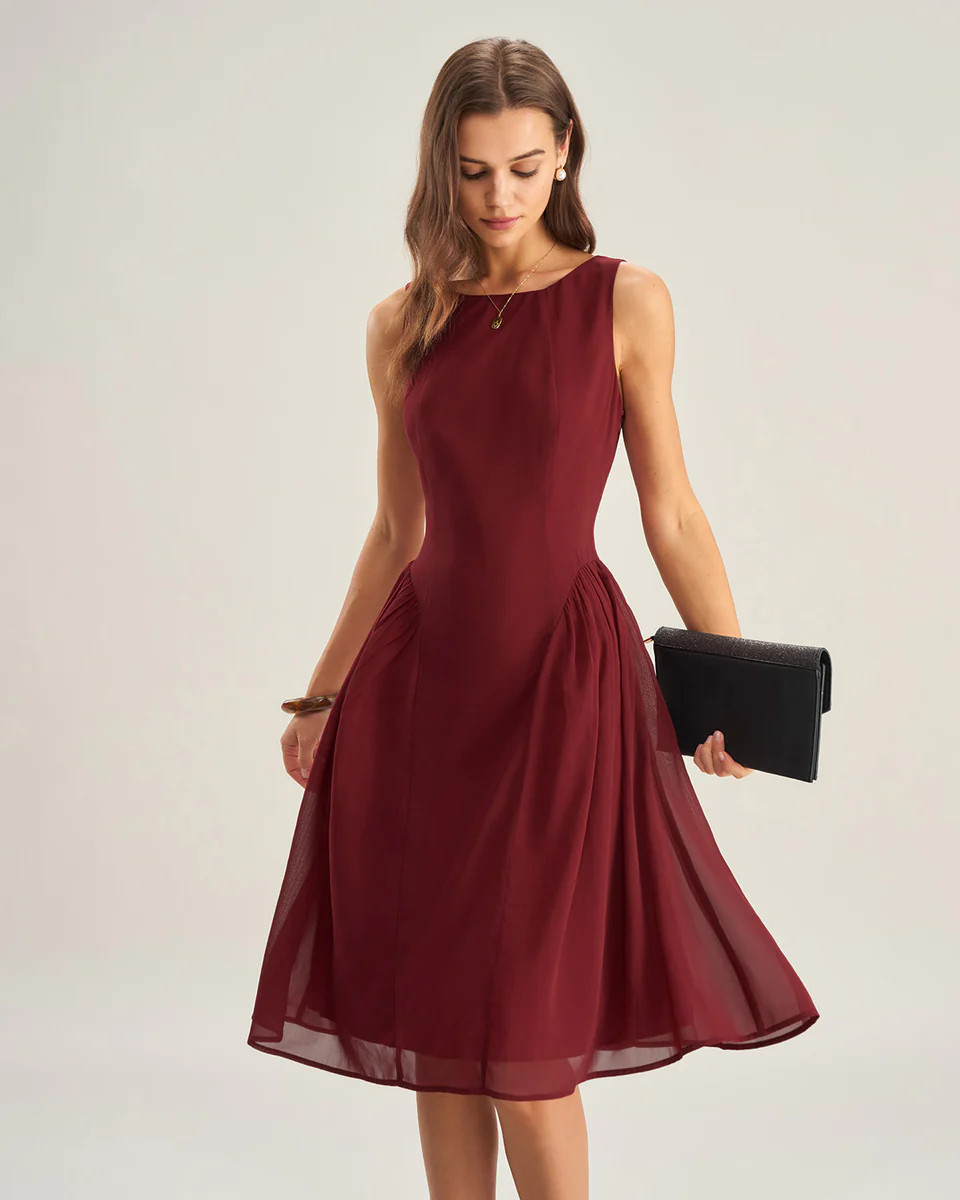 Wine Red Chiffon Sleeveless Midi Dress | rihoas.com