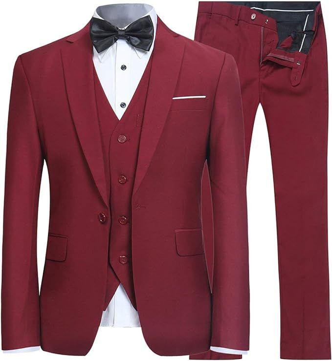 YFFUSHI Men's Slim Fit 3 Piece Suit One Button Business Wedding Prom Suits Blazer Tux Vest & Trou... | Amazon (US)
