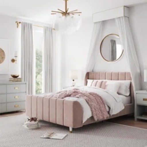 This girly blush pink upholstered platform bed from Wayfair gives the whole bedroom such a soft, cozy feel. The tall channel-tufted headboard and matching upholstered footboard make it feel extra plush, especially with the white bedding and fuzzy pink throw layered on top. I also like the round gold-tone mirror, gray nightstand and dresser, neutral area rug, long curtains, and statement ceiling light around it. It’s included in Wayfair’s Epic Fall Sale and marked 61% off.