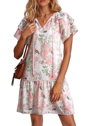 Dokotoo Summer Dresses for Women 2026 Boho Floral Print Ruffle Short Sleeve V Neck Drawstring Tie Casual Elegant Bohemian Cute Flowy Babydoll Sun Dress Party Wedding Guest Sundresses Pink Medium | Amazon (US)