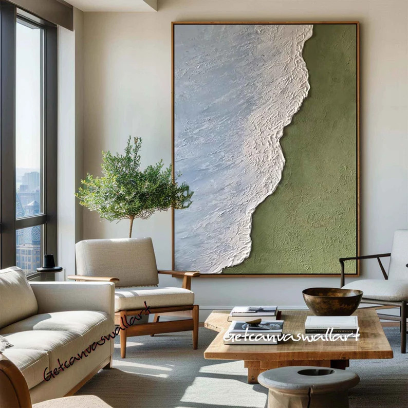 Large Green Coastal Wall Art Framed Green Blue Beach Painting Abstract Ocean Wall Art Sea Texture... | Etsy (US)