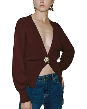 URBAN REVIVO Women Knitted Cardigans Long Sleeve V-Neck Lightweight Sweater One Leaf Button Down ... | Amazon (US)