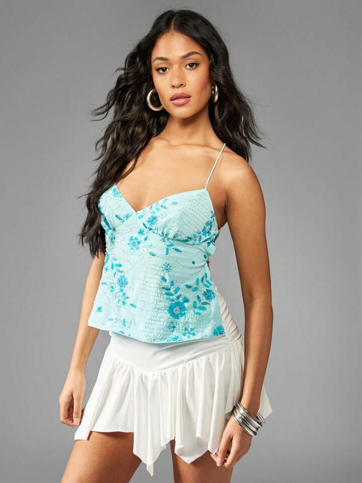 MISSGUIDED Sequin And Beads Detail Halter Neck Tie Back TopVacay Summer Resort Ibiza Mykonos Euro... | SHEIN