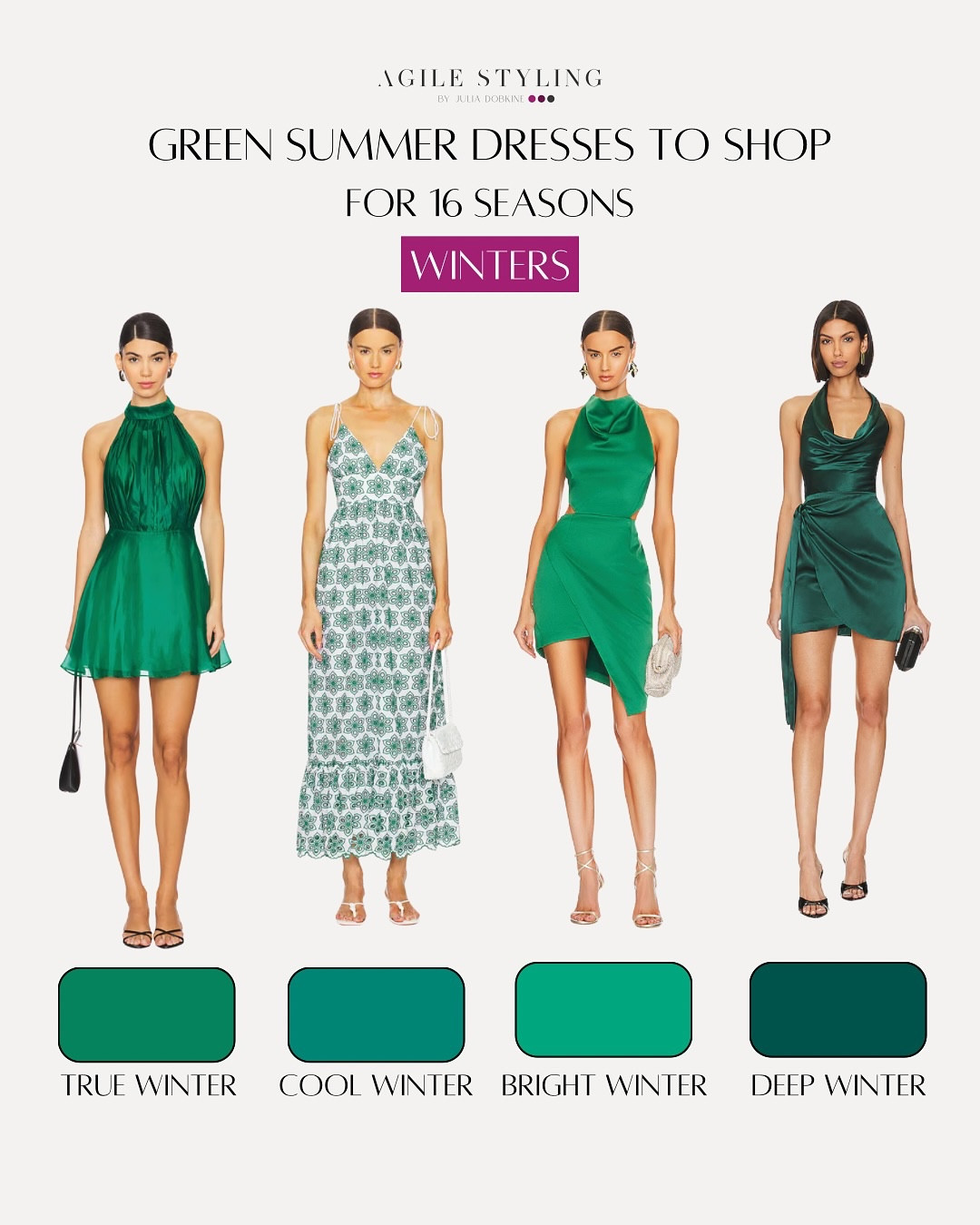 🌿 GREEN SUMMER DRESSES FOR YOUR SEASON 🌿
No more guessing when shopping for summer dresses! These greens are hand-picked to match the unique undertones of all 16 seasonal palettes — from icy Cool Winter to glowing Warm Spring 🍏

✨ Wearing the right green:
✔ boosts your natural glow
✔ makes your skin look fresh and smooth
✔ pulls your whole look together effortlessly

⚠️ Wearing the wrong green can do the opposite — dull your features, clash with your skin tone, or make your look feel off. That’s why color analysis matters more than trends. 💚

Want to know your exact shades (not just “warm” or “cool”)?
👇 Grab my Intro Duo — the most accessible way to get your palette + pocket guide to shop smart.

👀 Save this guide for your next shopping trip and tell me — which green is YOUR green?

#ColorAnalysis #SeasonalColorAnalysis #PersonalStylist #ColorStyling #SummerColorPalette #AgileStyling #GreenDresses #16SeasonsColorAnalysis #TrueSummer #MutedSummer #CoolSummer #LightSummer #TrueAutumn #DeepAutumn #WarmSpring #BrightWinter #ColorAnalysisTransformation #FashionColorGuide #ColorAnalysisJourney