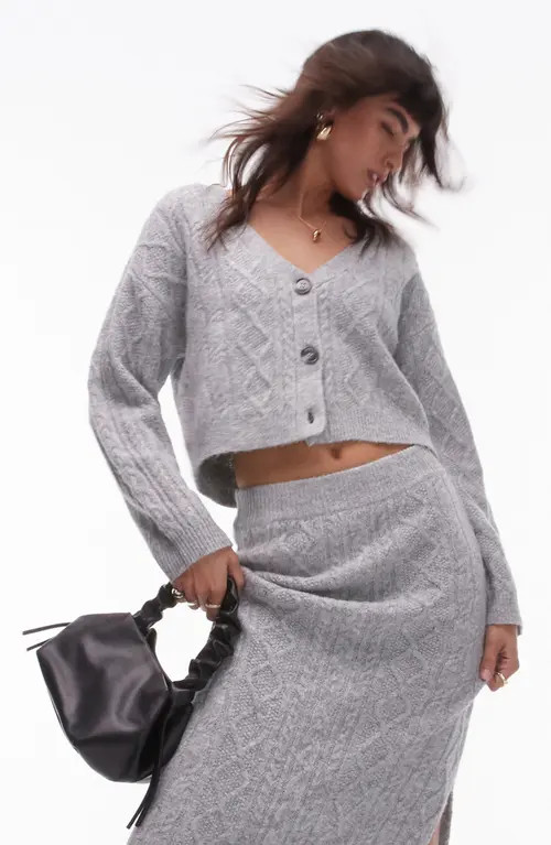 Topshop Cable Crop Cardigan in Grey at Nordstrom, Size Small | Nordstrom