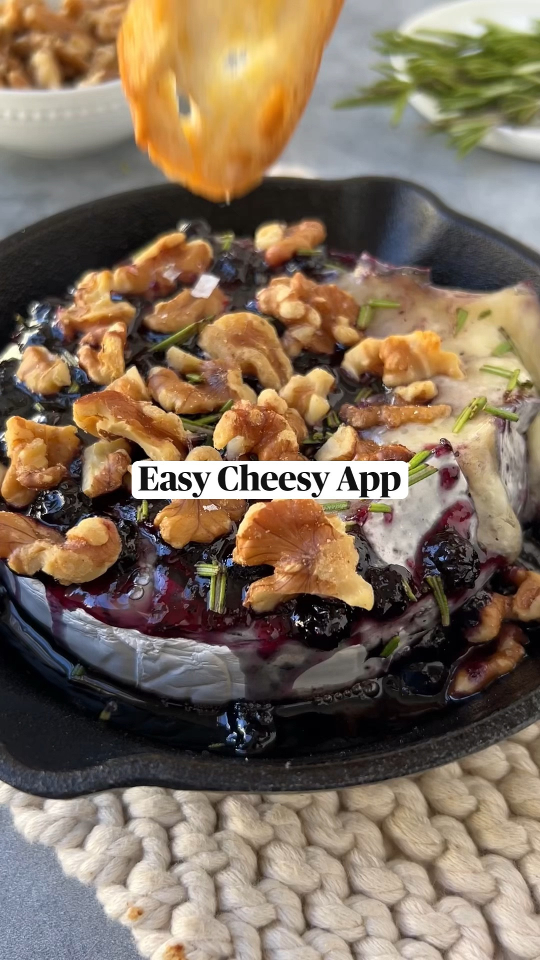 Blueberry & Walnut Baked Brie

INGREDIENTS

8 oz brie
5 tbsp blueberry jam
¾ cup walnuts, chopped
1- 2 sprigs rosemary, chopped
flakey salt

INSTRUCTIONS

1. Preheat oven to 350°F.
2. Score the brie with ½ inch thick cuts.
3. Top with blueberry jam, walnuts, and flakey salt.
4. Place in oven and bake for 12-18 minutes, until cheese is soft and starting to ooze out.
5. Take out, top with rosemary, and serve with crostini.

#brie #ainttooproudtocheese #feedfeed #food52 #bakedbrie #imsomartha #thanksgivingappetizer

#LTKHoliday #LTKSeasonal #LTKParties