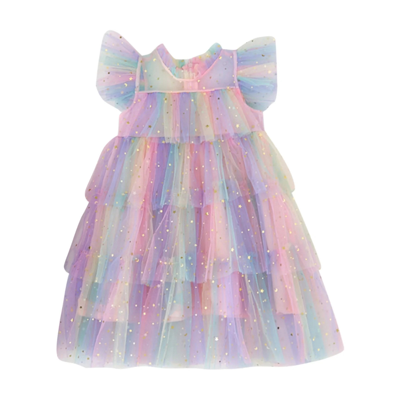 Toddler Girls Fly Sleeve Rainbow Star Sequins Prints Tulle Princess Dress Dance Party Dresses Clo... | Walmart (US)