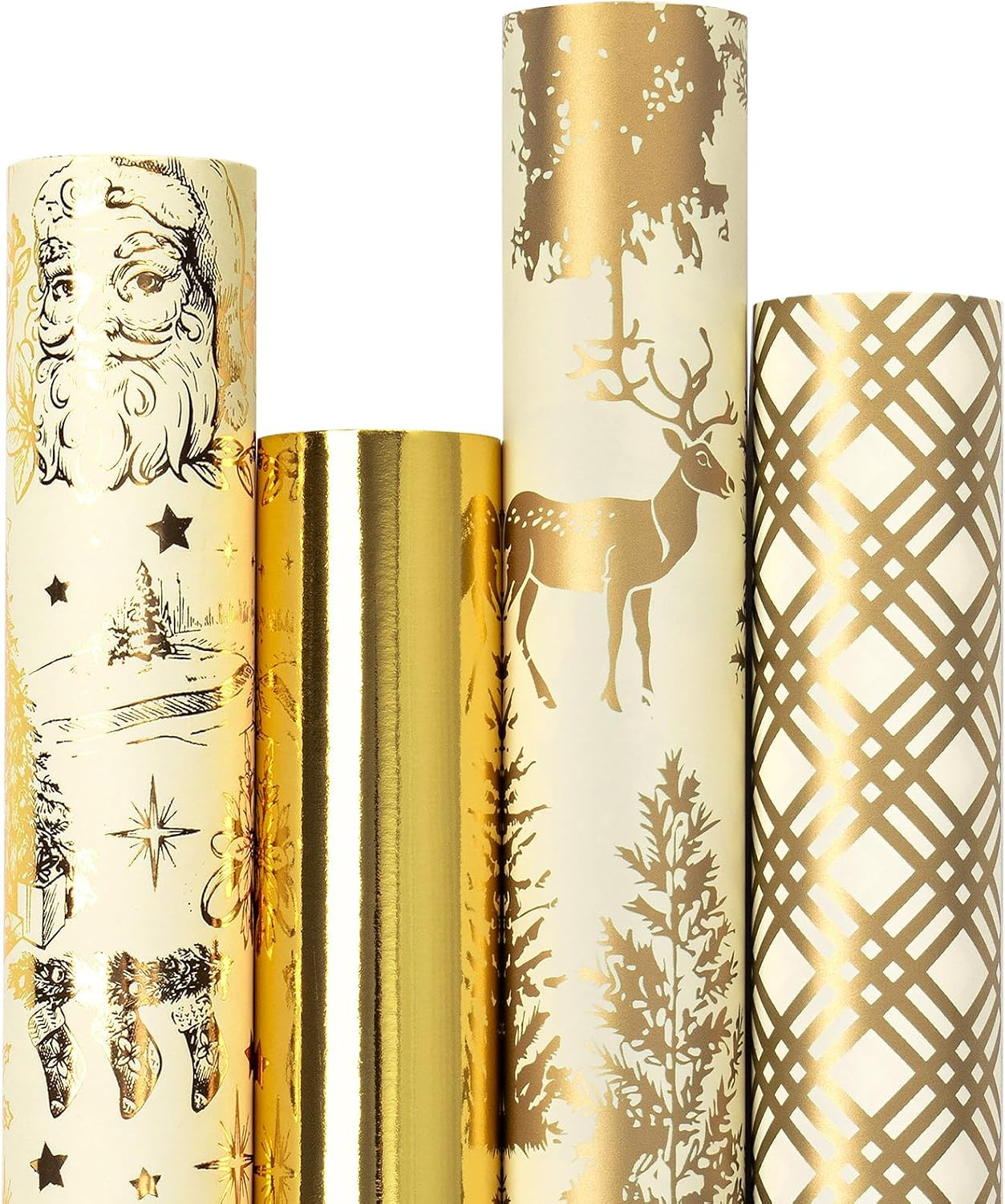 RUSPEPA White Gold Foil Christmas Wrapping Paper Set, Jumbo Roll, Vintage Santa, Plaid, Reindeer & Tree Design Gift Wrap for Holiday, Christmas, Winter Party, 4 Rolls, 30 inches x 10 feet per Roll | Amazon (US)