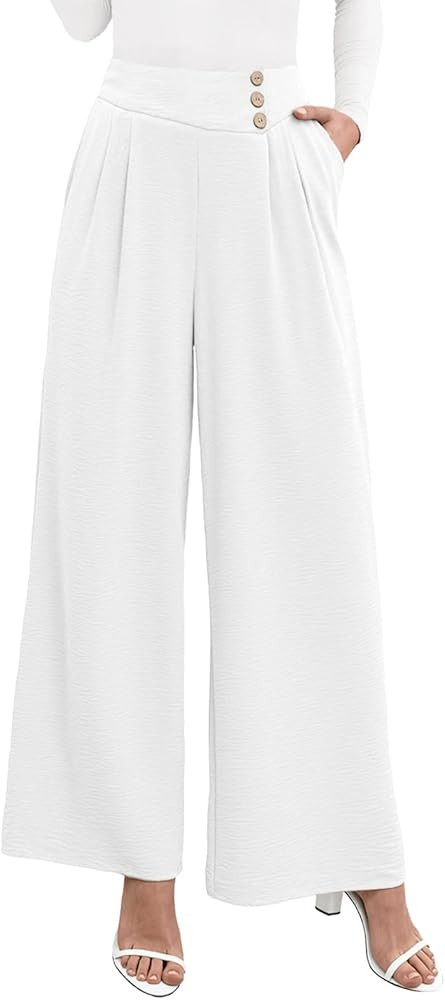 EVALESS Womens High Waisted Button Pleated Wide Leg Pants Beach Vacation Trouses | Amazon (US)