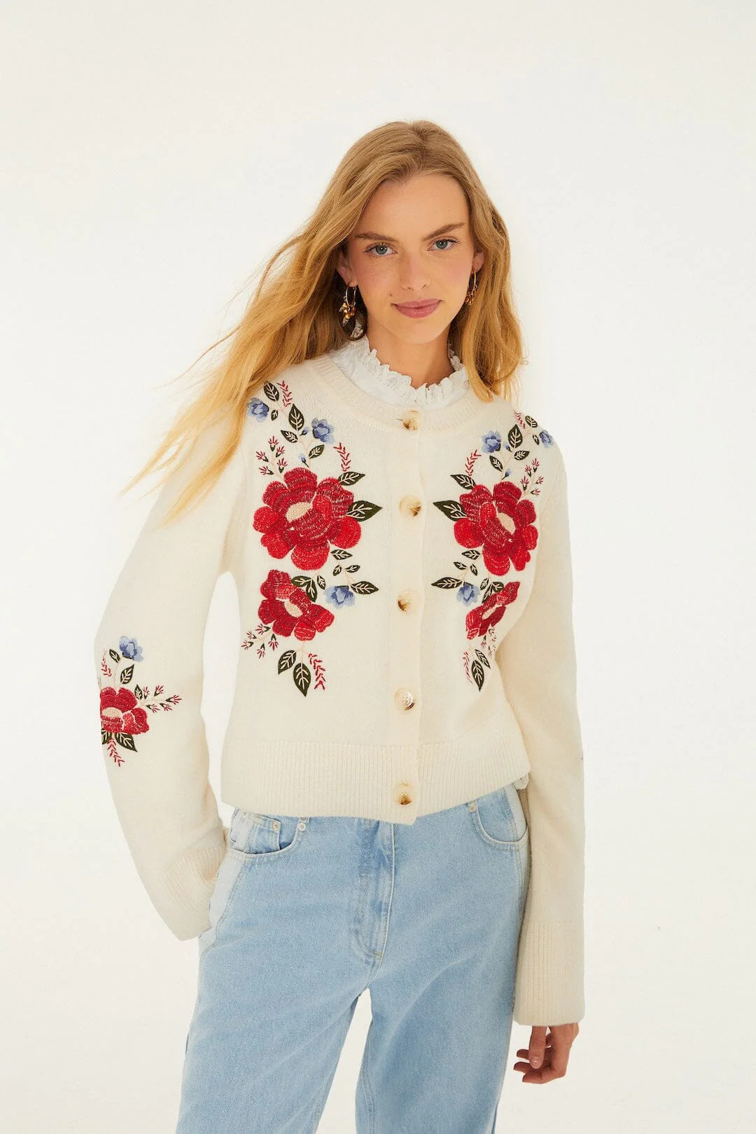 Cream Embroidered Flowers Buttoned Knit Cardigan, CREAM / M | FarmRio (US)