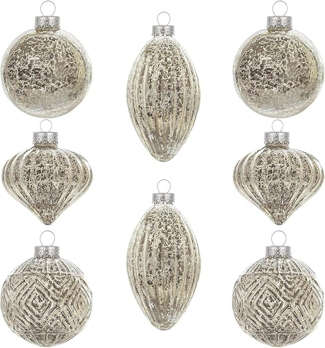 KI Store Mercury Glass Christmas Ornaments Set of 8 Champagne Silver Hanging Christmas Balls Fini... | Amazon (US)
