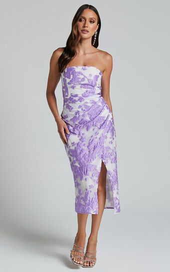 Brailey Midi Dress - Thigh Split Strapless Dress in Purple Jacquard | Showpo (US, UK & Europe)