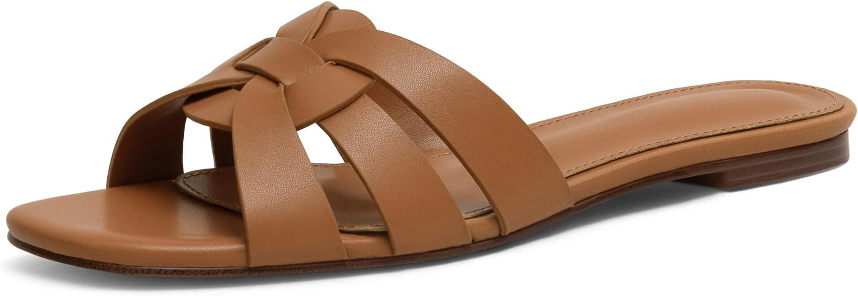 Women's Square Toe Slide Sandals – Faux Leather Flat Slip-On, Casual Summer Dressy Shoes | Amazon (US)